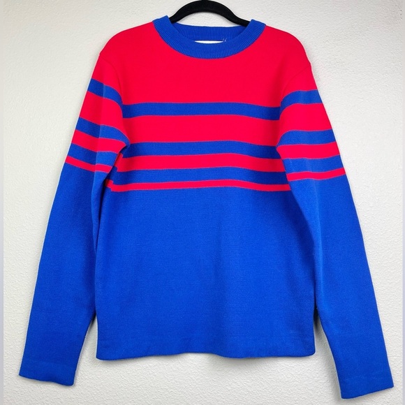 VTG 70s Liberty Bell Women's Medium Blue Red Striped Crewneck Apres Ski Sweater - Picture 1 of 11